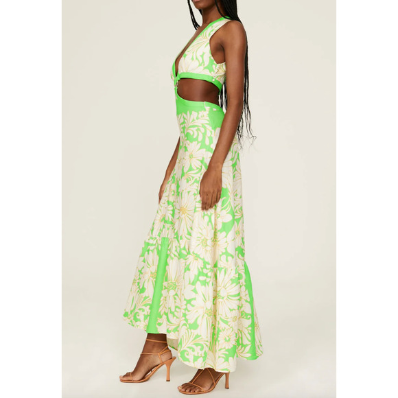 Sandro Dress Womens 36 Small Green Floral Ludmila Cutout Midi Linen Blend - Picture 4 of 15